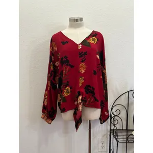 Umgee Floral Tie Front Blouse‎ Burgundy Red Long Sleeve V Neck Top thumbnail 2