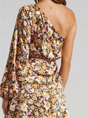Showpo Odo One Shoulder Mini Dress Size 10 Black Floral Feminine Party thumbnail 2