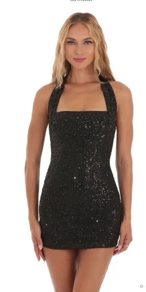 Lucy in the Sky Sequin Striped Halter Dress Black thumbnail 1
