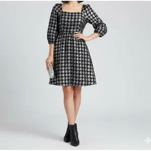 NEW Anthropologie Balloon Sleeves Dress XSMALL DAMASK houndstooth Silver Black thumbnail 3
