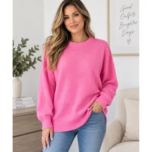 BTFBM Women's M Hot Pink Oversized Knit Sweater Crew Neck Long Sleeve Tunic Fall thumbnail 2