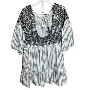 Free People Women's Boho Mini Lola Striped Dress White Black Tiered Embroidered‎ thumbnail 7