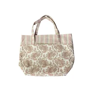 Fabric Tote Used Striped Paisley Gingham Red Beige Excellent Condition thumbnail 5