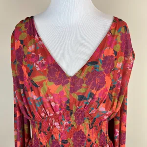 DR2 Babydoll Blouse Womens XL Smocked‎ Waist Peplum Stretch Floral Peasant Boho thumbnail 15