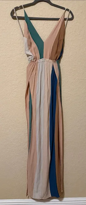 Indah Striped V-Neck Maxi Dress in Teal, Navy, Beige and Cream thumbnail 1