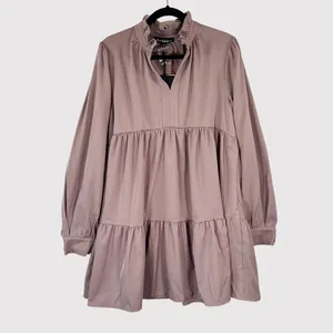 NWT En Saison Women Dress Brown Tiered Babydoll Mini V Neck Ruffle A Line Medium thumbnail 2