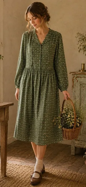 L Dress Midi Cottagecore Grandmacore Prairie Ditsy Vintage Coquette Sage Green thumbnail 1