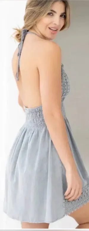 BLANCO by NATURE Summer Wash Gray Mika Beaded Crochet Backless Halter Dress Med thumbnail 1
