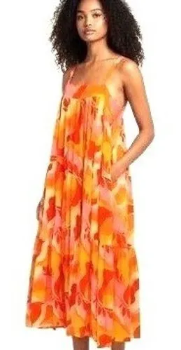 Abel The Label Maxi Dress Women XS Orange Pink Tiered Boho Floral Tropical Beach thumbnail 1