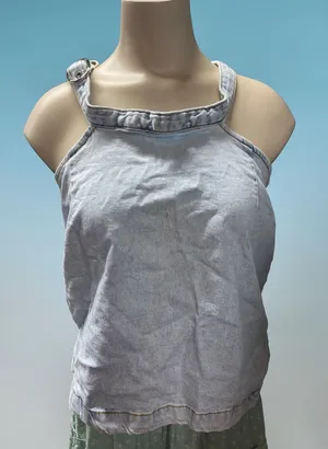 WeWoreWhat Medium Denim Halter Crop Top Buckle Closure Sleeveless thumbnail 1