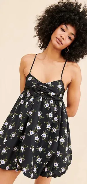 Free People Black Floral Bubble Mini/Midi Dress thumbnail 2