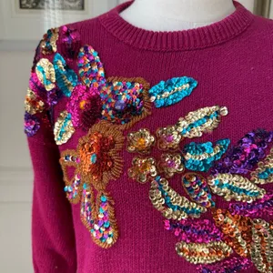 Vintage Western Connection Bedazzled Bling Sequin Sweater Magenta S thumbnail 2