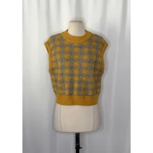 ZARA Chunky Wool Sweater Vest Plaid Star Pattern Yellow Gray Academia Small thumbnail 2