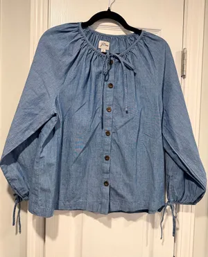J. Crew Size S Blue Chambray Denim Bow Button Peasant Tie Sleeve Boho Top Blouse thumbnail 1