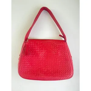 Boutique Leather Purse Red Woven Shoulder Bag Intricate Weaving Tassel Accent thumbnail 3