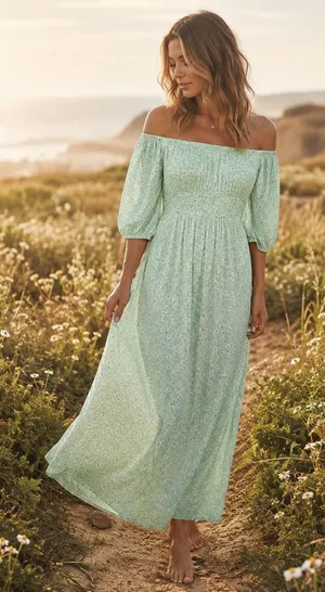 Billabong Mint Green Daisy Floral Smocked Off Shoulder Maxi Dress NWT Size Large thumbnail 1