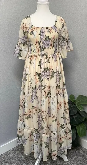 Shein Cream Maxi Dress Purple Green Floral Smocked Waist Ruffle Sleeves thumbnail 1