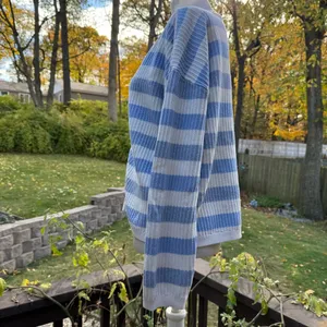 Talbots Sweater Cardigan - Raglan Sleeves Size L Large Baby Blue White Stripe thumbnail 4