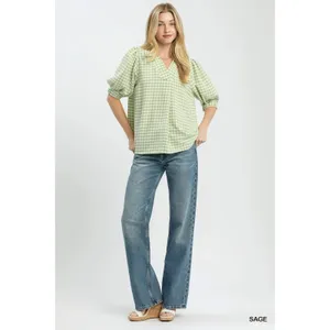 Umgee Gingham Puff Sleeve Collared Blouse - Medium thumbnail 5