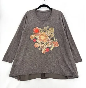 Women’s Brown Floral Applique Sequin Tunic Top Long Sleeve Boho Lagenlook Layer thumbnail 1