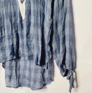 Anthropologie Umgee plaid tassel tie vneck lace blue checkered country Top Sz M thumbnail 4