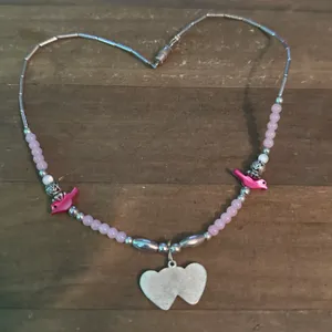 Vintage rose quartz bead abalone double heart and cardinal necklace thumbnail 6