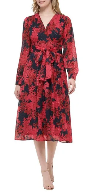 NEW Tommy Hilfiger Glitter-Dot Floral Belted Dress Sky Captain / Persian Red 12 thumbnail 1