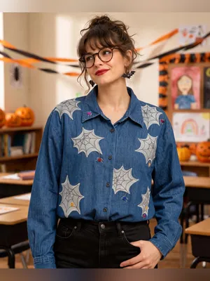 VINTAGE KAREN SCOTT Embroidered Spiderweb Denim Shirt thumbnail 1