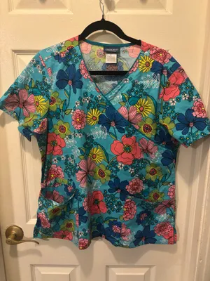 Blue floral multi colored print scrub top  thumbnail 1