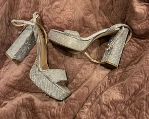 Steve Madden Silver Rhinestone Platform Block Heels thumbnail 1