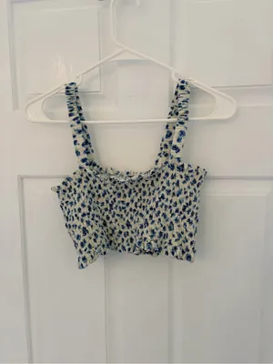 Vanilla Star Blue & White Smocked Floral Crop Top thumbnail 6