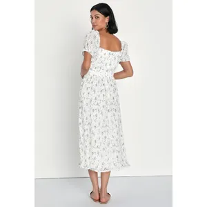 NWT Lulus Womens Size Small Life White Floral Print Puff Sleeve Midi Dress NEW thumbnail 3