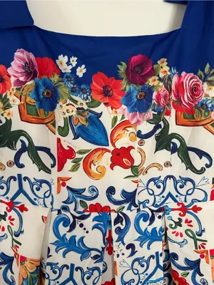Dalia Macphee Floral Mosaic Tile Print Sleeveless Shoulder Tie Dress Pleat Skirt thumbnail 5