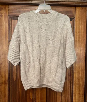 Beige Cable Knit Short-Sleeve Sweater M/L thumbnail 1