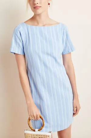 Anthropologie Bow Detail Cape May Linen Cotton Blue Stripe Mini Dress Size 8 thumbnail 1