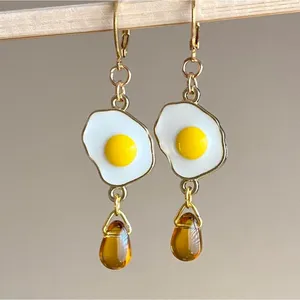 Handmade Kawaii funny funky sunny side up egg & amber color teardrop bead necklace 🍳💛 thumbnail 6