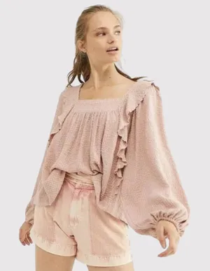 Free People Womens Top Pink Bonnie Ruffle Plaid Babydoll Blouse Stretch Boho XS thumbnail 1