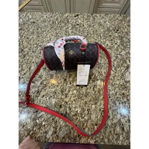 Nanette Lepore Brown and Red Barrel Handbag Heart Shape Cherry Accents thumbnail 2