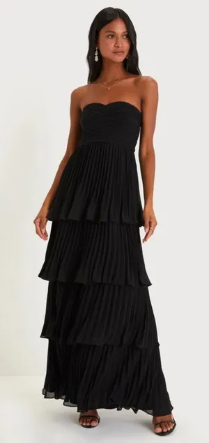 NWT Lulus Seriously Sensational Black Strapless Tiered Maxi Dress Gala Sz XXS thumbnail 1
