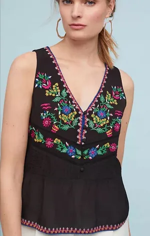 Anthropologie Maeve Carlotta Embroidered Sleeveless Blouse Black‎ Floral Size S thumbnail 1