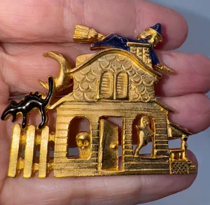 Vintage AAI Halloween House Brooch Pin Gold Tone thumbnail 1