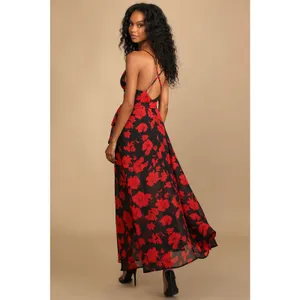 Lulus Best Occasion Black Red Floral Print Front Slit Party Event Maxi Dress S thumbnail 2