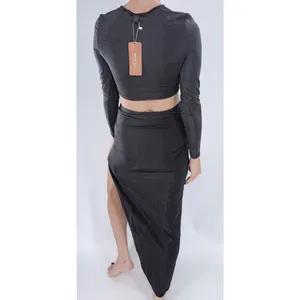 Women’s Black Cutout Long Sleeve Crop Top & High Slit Maxi Skirt Set Size Small thumbnail 2