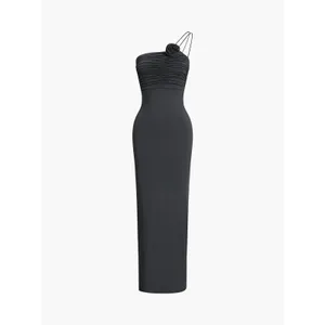 Commense Minimalist Bodycon Off Shoulder Black Rose Decor Ruched Maxi Dress S thumbnail 3