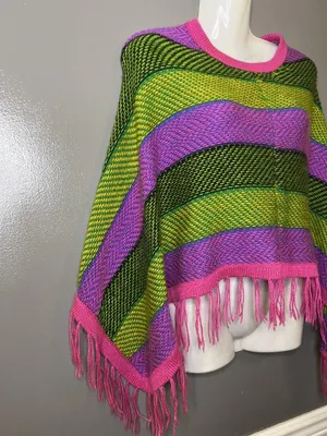 Colorful Striped Poncho Womens One Size Multicolor Fringe Knit Boho Lightweight thumbnail 3