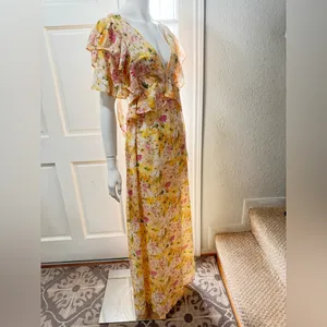 Vici Yellow Ruffle Sheer Maxi Chiffon Floral Maxi Dress Size Large J-51 thumbnail 2