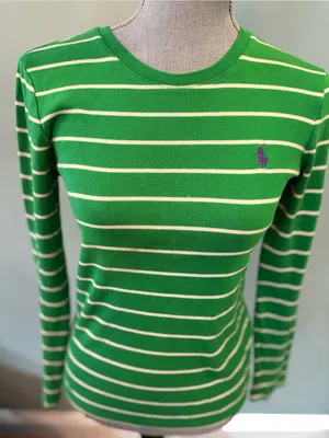 Ralph Lauren Green & White Striped Long Sleeve Top with Purple Pony thumbnail 1