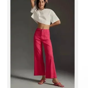 Anthropologie Maeve The Colette Ankle Cropped Linen Wide Leg Pants Pink 26 thumbnail 2