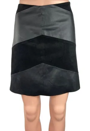 Zara Black Faux Leather Suede Chevron Pattern Side Zipper A-Line Mini Skirt Sz S thumbnail 1