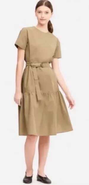 Uniqlo Womens Khaki Tan Tiered Belted Short Sleeve Midi Dress Cotton Blend‎ L thumbnail 1